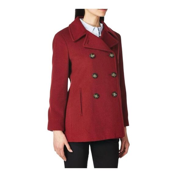 CALVIN KLEIN Red Double Breasted Peacoat Wool Cashmere Blend Size 12 - Picture 1 of 5